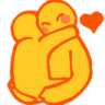Two yellow figures embracing each other tightly with a small heart floating nearby.