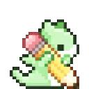 A small green dragon holding a pencil and writing.