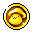 A golden pixelated coin featuring a cute, smiling mushroom face with sparkling highlights.