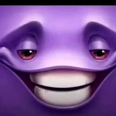 Purple character face with heavy-lidded eyes and a wide, toothy, mischievous grin.