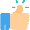 Hand giving a thumbs up gesture with a blue sleeve and teal accent sparkles.
