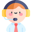 A cartoon character wearing a headset and a tie, smiling in a friendly manner.