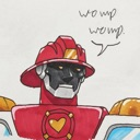 A robot wearing a red firefighter helmet with a heart on its chest looks unimpressed as the text womp womp floats above its …