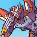 A stylized robot with purple and red armor shouting with its mouth wide open against a light blue background.