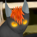 A black cat with glowing yellow eyes and spiky orange hair stares intensely.