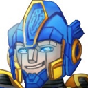 A blue and gold robotic head wearing a smug, knowing smirk with glowing eyes.