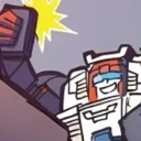 A white and red robot with a wide grin holding up a camera for a selfie with a yellow flash.
