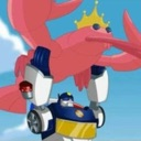 A police-themed robot character lifts a pink crab wearing a gold crown high into the air against a blue sky.