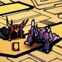 Two stylized robots in red and purple leaning in close to whisper to each other.
