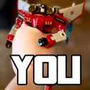A hand holding a red and white toy robot with the word YOU written in large white letters.