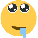 Yellow smiley face with wide eyes and a small amount of blue saliva dripping from the corner of its mouth.