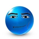 A glossy blue sphere with a smug, ironic smirk and raised eyebrows.
