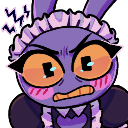 Jax the purple rabbit wearing a maid outfit with an angry and embarrassed expression.