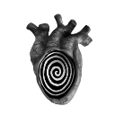 Anatomical heart with a black and white spiral pattern in the center.