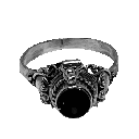 Three identical ornate silver rings with black stones arranged in a row.