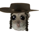 A hamster with wide eyes wearing a brown hat and traditional side curls.