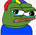 Pepe the Frog wearing a colorful propeller hat with a single tear running down his face.