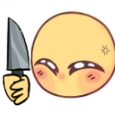 A yellow smiley face with blushing cheeks and a closed-eye grin holding a silver kitchen knife.