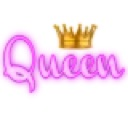 The word Queen written in glowing pink script with a golden crown icon resting above the letters.