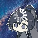 Anime character with a spinning loading icon on their head against a galaxy background.