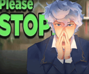 Anime character with light blue hair clasping hands together in a begging gesture with green text reading PLEASE STOP.