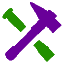 A purple hammer crossed with a green nail in a pixel art style.