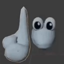 A gray 3D character with large eyes wags a finger to indicate a firm no.