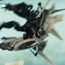 A metallic, bird-shaped mechanical creature flying rapidly through a blurred, light-colored background.