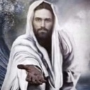 Jesus with a beard and white robes reaches his hand forward toward the viewer.