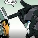 A gray robot with a smug expression pokes a yellow-faced robot on the forehead while a speech bubble above says SIMP.