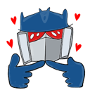 A stylized robot with a blue helmet and gray face mask bashfully tapping its fingers together with red hearts floating aroun…