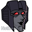 Robot head with glowing red eyes and an open mouth in a surprised expression.