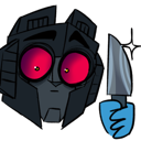 A dark robotic head with glowing red eyes holds a sharp knife in a blue hand.