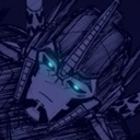 A stylized robotic character with glowing blue eyes looks down with a bored and unimpressed expression.