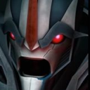 A robotic character with glowing red eyes and a metallic face shouting with an aggressive expression.