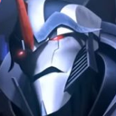 A stylized robotic face with a sharp metallic jaw and a glowing red eye looking with suspicion.