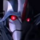 Robot face with sharp features and glowing red eyes looking directly forward.