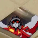 A robot character with red eyes and a gray helmet peeking down from the top of the frame.