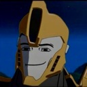 A blocky, gold-helmeted character with a smug, lopsided smirk.