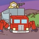 A red semi-truck with long mechanical spider legs stands on the ground while a small yellow character sits on its roof.