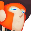 A close-up of an orange robot face with glowing blue eyes looking to the side with a skeptical expression.