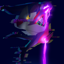 A stylized character surrounded by digital glitch effects firing a bright purple energy beam.