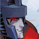 A stylized blue robotic head with a glowing red eye and a smug, knowing smirk.