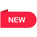 A red rectangular badge with rounded right corners displaying the word NEW in white capital letters.