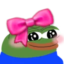 A green frog with large eyes and a pink bow on its head, looking bashful with a blushing expression.
