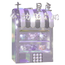 A small, purple-striped shop stall covered in magical sparkling effects.