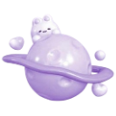 A small cute creature sitting on top of a purple ringed planet.