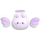 An angel bunny with white wings and a halo smiling innocently.