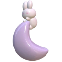 A small white bunny sleeping on a light purple crescent moon.