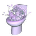 A purple toilet overflowing with a large bouquet of purple flowers.